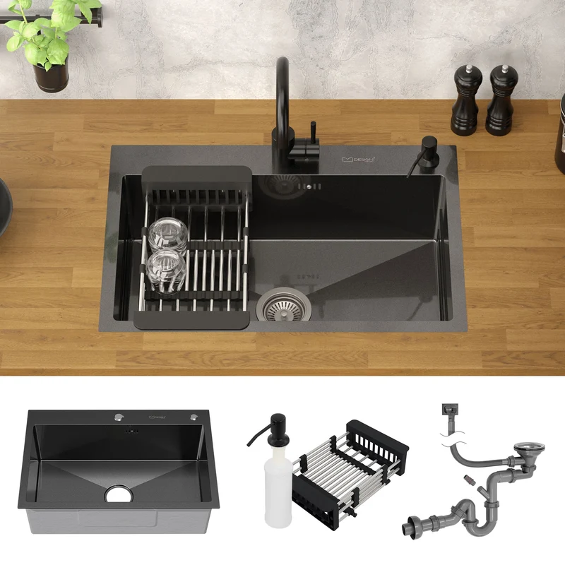 B-Ware Einbauspüle 68x45 cm Anthrazit mit Ablaufgarnitur und Seifenspender Küchenspüle aus Edelstahl ML-Design