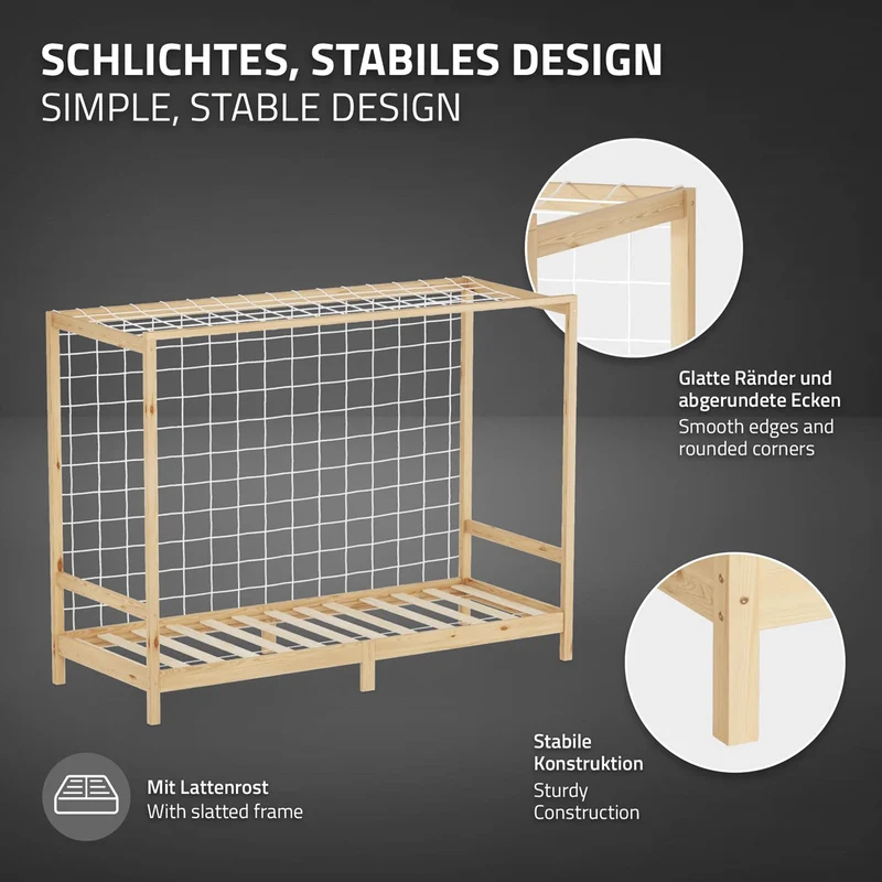 Kinderbett Fußballtor 90x200 cm Natur aus Kiefernholz mit Matratze H-16cm Handballtor mit Lattenrost & Tornetz ML-Design