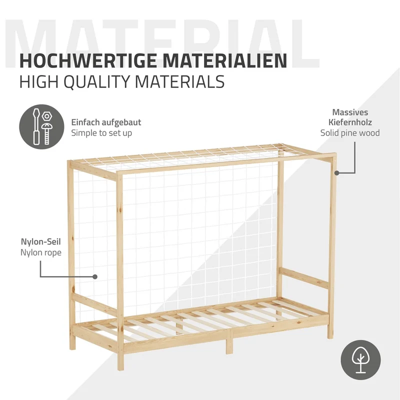 Kinderbett Fußballtor 90x200 cm Natur aus Kiefernholz mit Matratze H-16cm Handballtor mit Lattenrost & Tornetz ML-Design