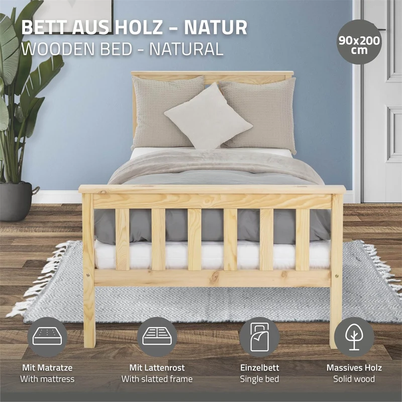 Bettgestell Einzelbett 90x200cm aus Kiefernholz in Natur mit Lattenrost & Matratze H-16cm ML-Design