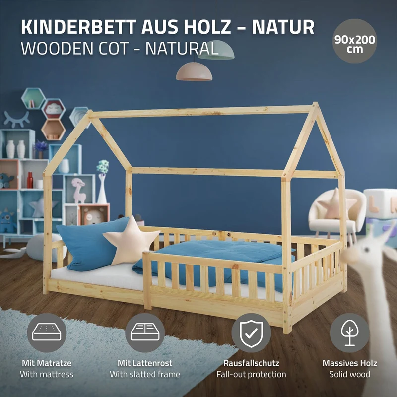 Kinderbett Hausbett 90x200 cm aus Kiefernholz inkl. Matratze H-16cm Rausfallschutz Dach und Lattenrost ML-Design