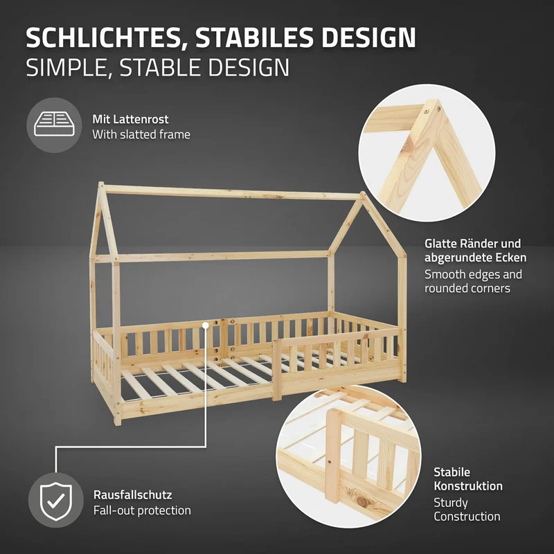 Kinderbett Hausbett 90x200 cm aus Kiefernholz inkl. Matratze H-16cm Rausfallschutz Dach und Lattenrost ML-Design