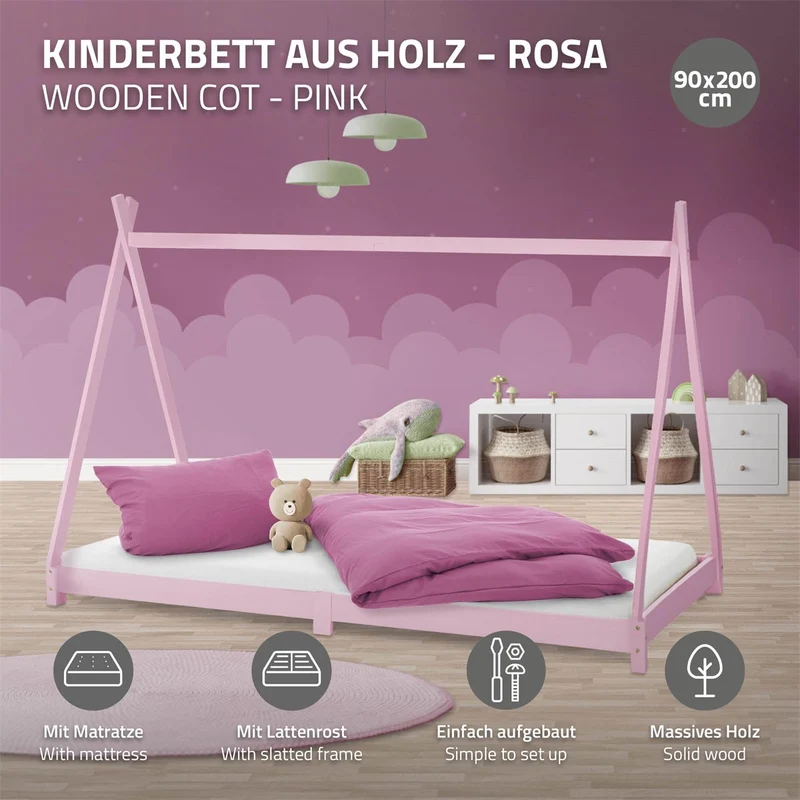 Kinderbett Tipi 90x200 cm Rosa aus Kiefernholz inkl. Matratze H-16cm Holzbett mit Lattenrost ML-Design