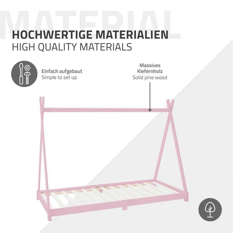 Kinderbett Tipi 90x200 cm Rosa aus Kiefernholz inkl. Matratze H-16cm Holzbett mit Lattenrost ML-Design