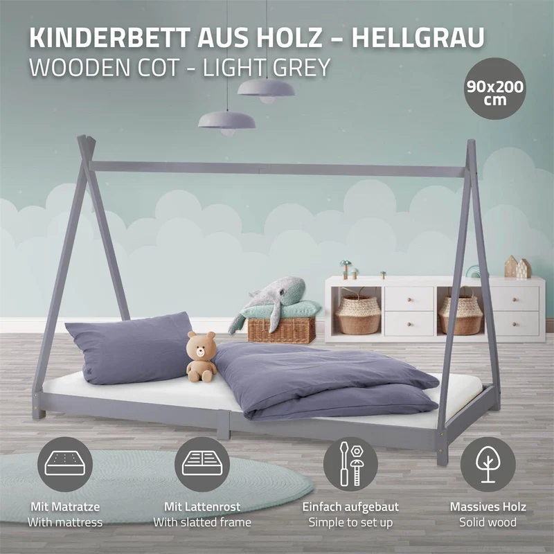 Kinderbett Tipi 90x200 cm Hellgrau aus Kiefernholz inkl. Matratze H-16cm Holzbett mit Lattenrost ML-Design