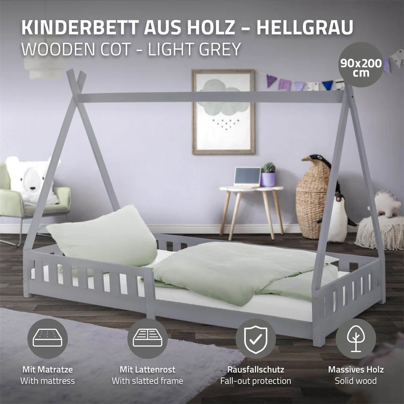 Kinderbett Tipi 90x200 cm Hellgrau aus Kiefernholz inkl. Matratze H-16cm Rausfallschutz und Lattenrost ML-Design