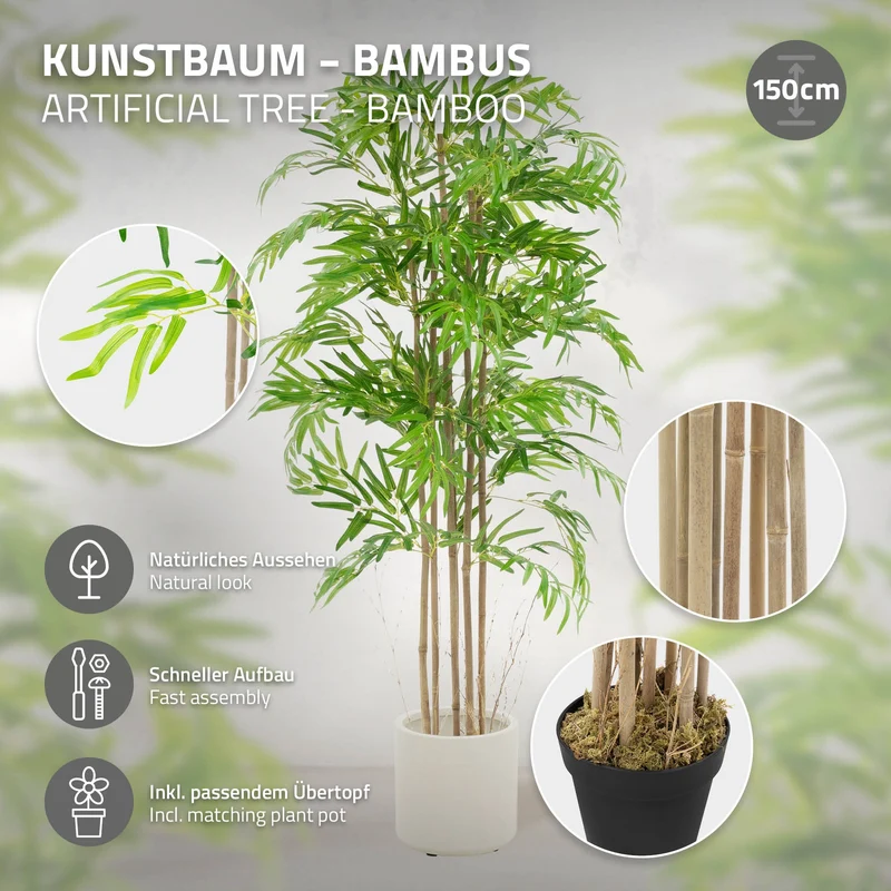 Künstlicher Bambus 150 cm Kunstpflanze mit Echtholzstamm ML-Design