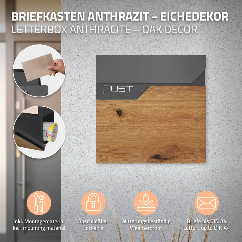 Briefkasten mit Zeitungsfach 37x37x11 cm Anthrazit/Holzoptik aus Edelstahl ML-Design