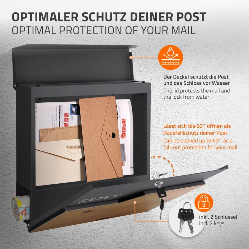 Briefkasten mit Zeitungsfach 37x37x11 cm Anthrazit/Holzoptik aus Edelstahl ML-Design