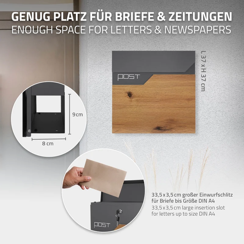 Briefkasten mit Zeitungsfach 37x37x11 cm Anthrazit/Holzoptik aus Edelstahl ML-Design
