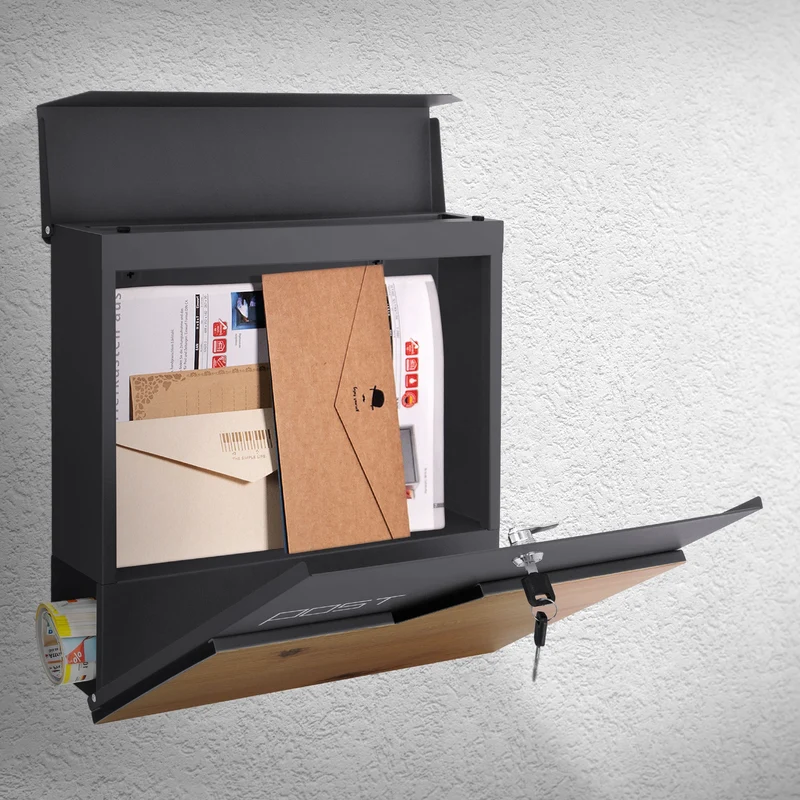 Briefkasten mit Zeitungsfach 37x37x11 cm Anthrazit/Holzoptik aus Edelstahl ML-Design
