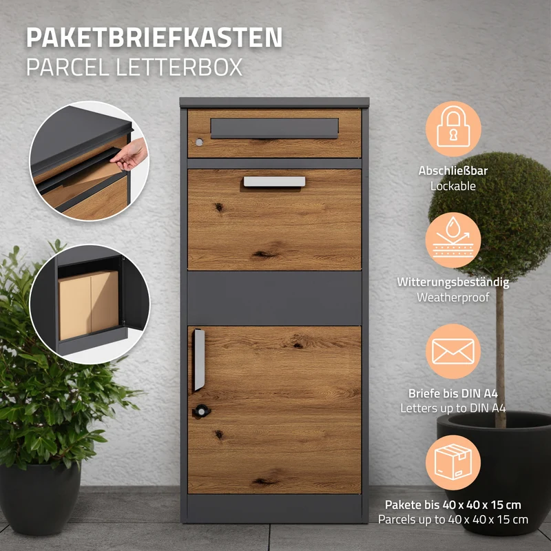 Paketbriefkasten 50x112x37 cm Anthrazit/Eiche-Optik aus verzinktem Stahl ML-Design