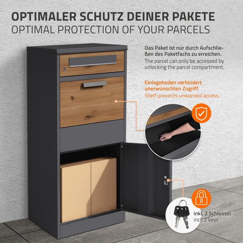 Paketbriefkasten 50x112x37 cm Anthrazit/Eiche-Optik aus verzinktem Stahl ML-Design