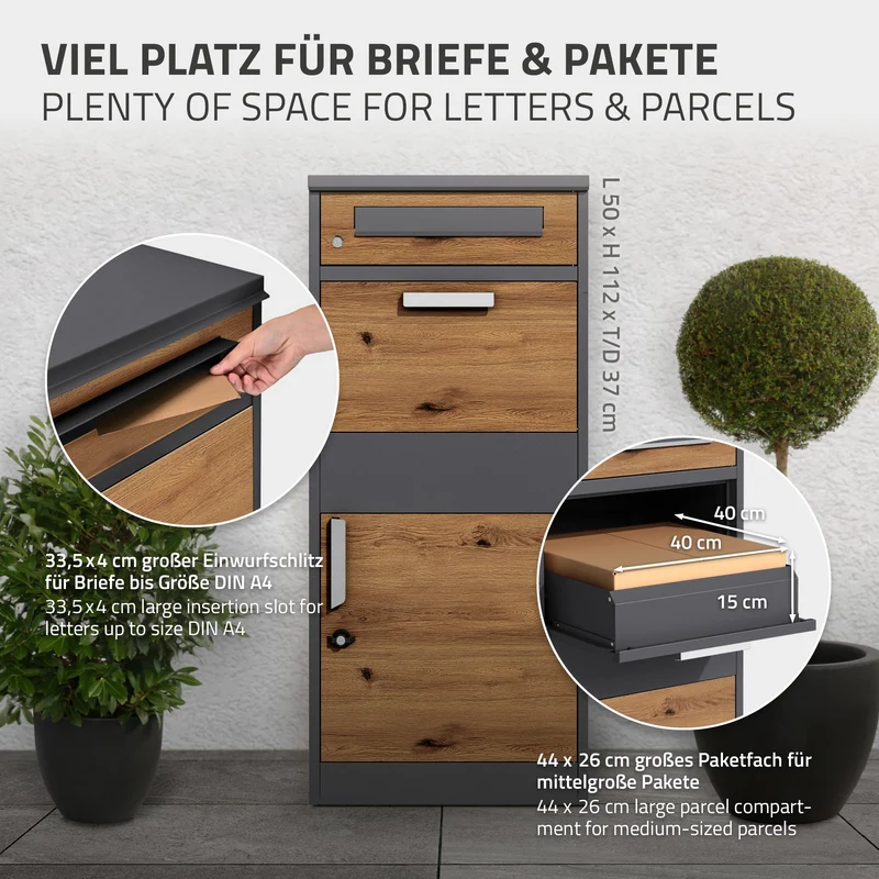 Paketbriefkasten 50x112x37 cm Anthrazit/Eiche-Optik aus verzinktem Stahl ML-Design