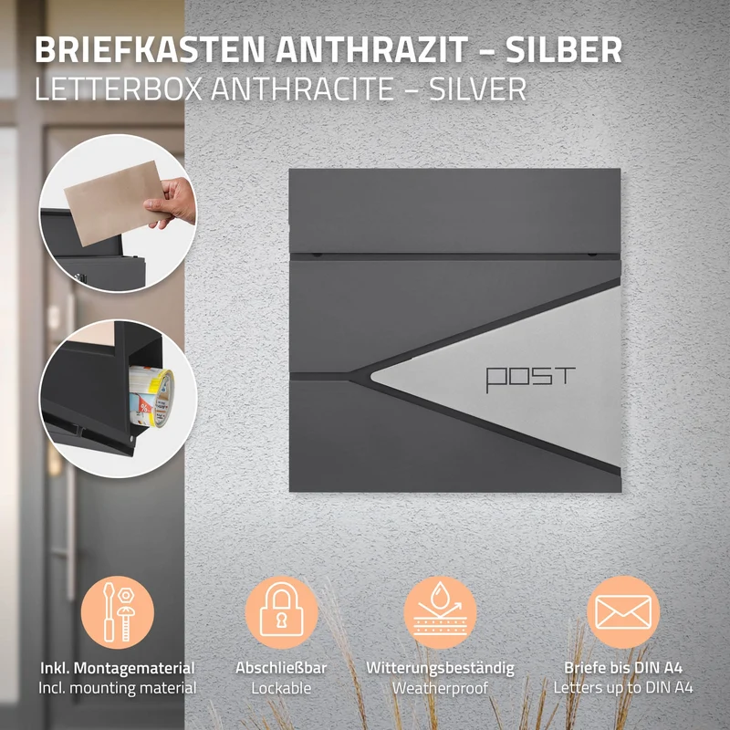 Briefkasten mit Zeitungsfach 37x37x11 cm Anthrazit/Silber aus Edelstahl ML-Design