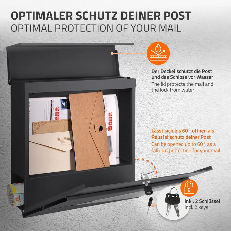 Briefkasten mit Zeitungsfach 37x37x11 cm Anthrazit/Silber aus Edelstahl ML-Design