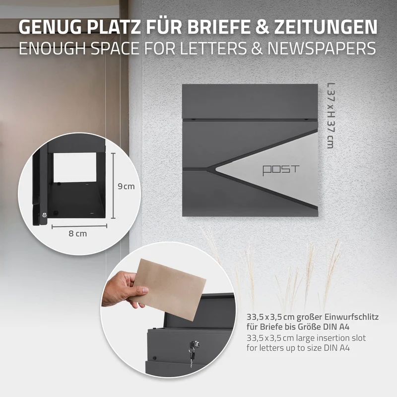 Briefkasten mit Zeitungsfach 37x37x11 cm Anthrazit/Silber aus Edelstahl ML-Design