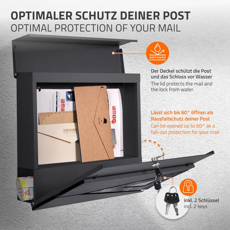 Standbriefkasten mit Zeitungsfach 37x36,5x11 cm Anthrazit/Schwarz-Marmoroptik aus Stahl ML-Design, Modernes Dreieckiges Design, Standhöhe 120 cm Silber