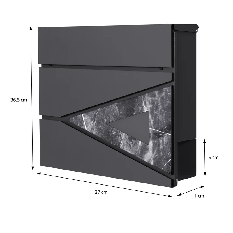 Standbriefkasten mit Zeitungsfach 37x36,5x11 cm Anthrazit/Schwarz-Marmoroptik aus Stahl ML-Design, Modernes Dreieckiges Design, Standhöhe 120 cm Silber