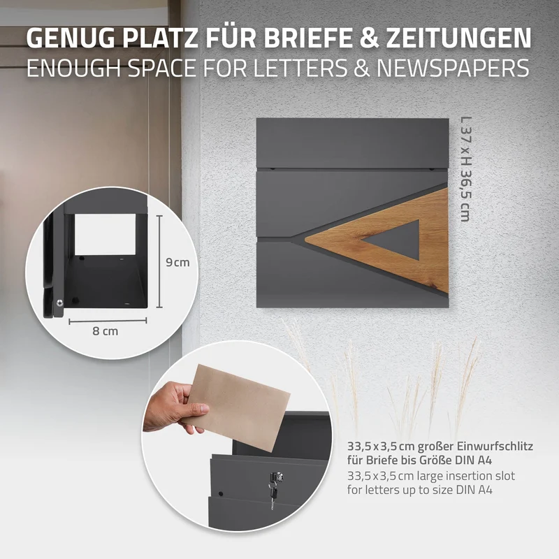 Standbriefkasten mit Zeitungsfach 37x36,5x11 cm Anthrazit/Holzoptik aus Stahl ML-Design, Modernes Dreieckiges Design, Standhöhe 120/170 cm Anthrazit