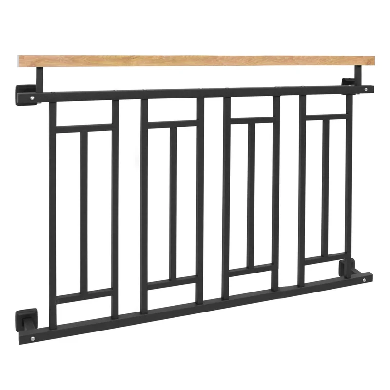 Französischer Balkon Anthrazit 90x128 cm mit 4 Füllelementen, Holzoptik aus verzinkter Stahl