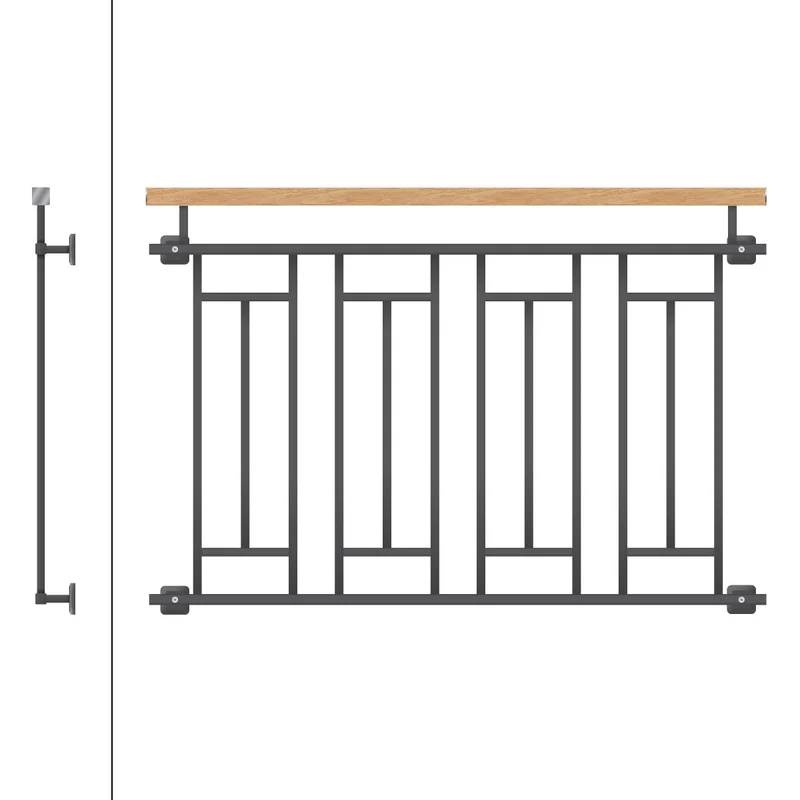 Französischer Balkon Anthrazit 90x128 cm mit 4 Füllelementen, Holzoptik aus verzinkter Stahl