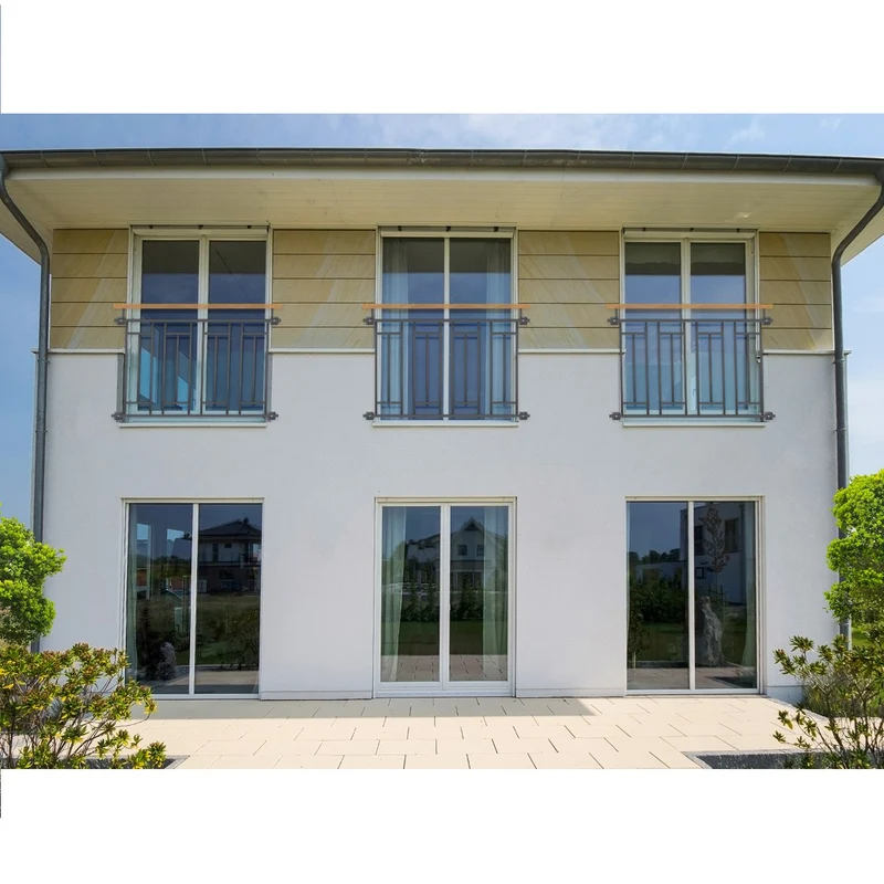 Französischer Balkon Anthrazit 90x128 cm mit 4 Füllelementen, Holzoptik aus verzinkter Stahl