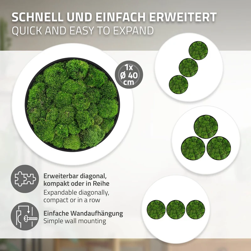 ECD GERMANY | Moosbild mit echtem Kugelmoos, Rund, Ø 40 cm, Grün, Mooswand Indoor, Wanddeko mit Holzrahmen, Wandbild, Moos Deko für Haus & Büro
