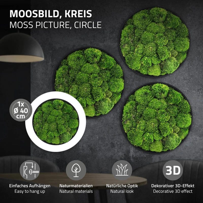 ECD GERMANY | Moosbild mit echtem Kugelmoos, Rund, Ø 40 cm, Grün, Mooswand Indoor, Wanddeko mit Holzrahmen, Wandbild, Moos Deko für Haus & Büro