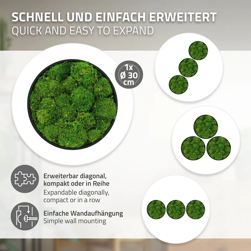 ECD GERMANY | Moosbild mit echtem Kugelmoos, Rund, Ø 30 cm, Grün, Mooswand Indoor, Wanddeko mit Holzrahmen, Wandbild, Moos Deko für Haus & Büro