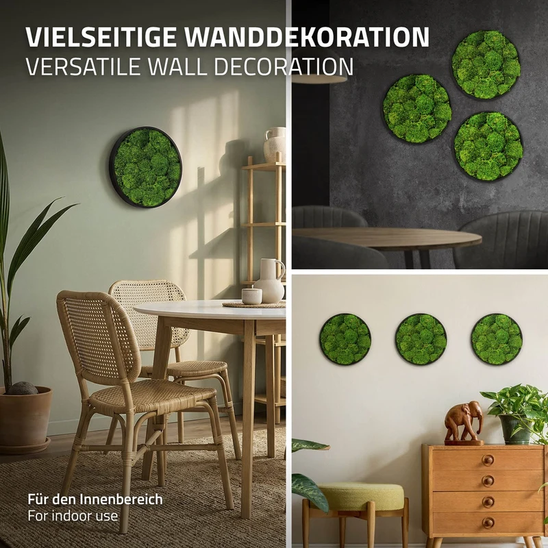 ECD GERMANY | Moosbild mit echtem Kugelmoos, Rund, Ø 30 cm, Grün, Mooswand Indoor, Wanddeko mit Holzrahmen, Wandbild, Moos Deko für Haus & Büro