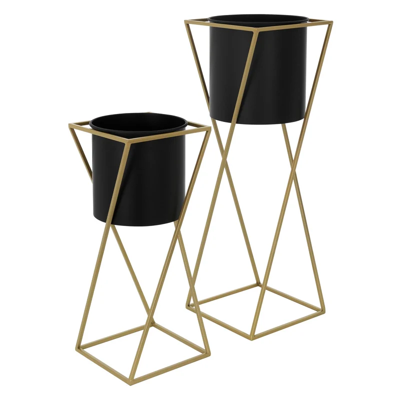 2er Set Blumenständer mit Übertopf Schwarz/Gold aus Stahl ML-Design