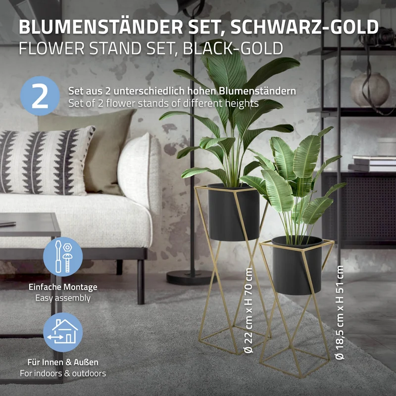 2er Set Blumenständer mit Übertopf Schwarz/Gold aus Stahl ML-Design
