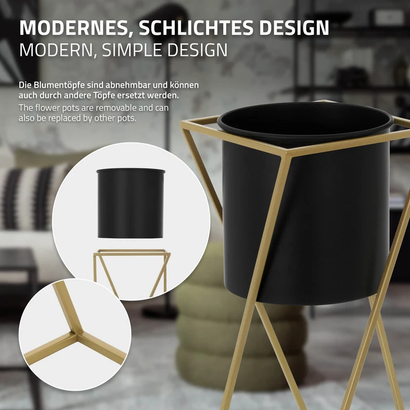 2er Set Blumenständer mit Übertopf Schwarz/Gold aus Stahl ML-Design