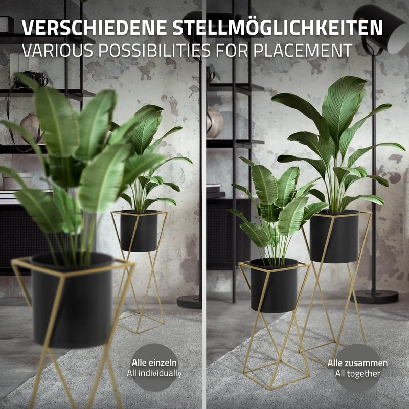 2er Set Blumenständer mit Übertopf Schwarz/Gold aus Stahl ML-Design