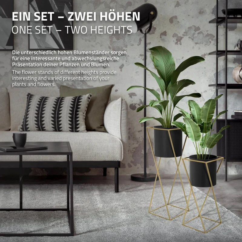 2er Set Blumenständer mit Übertopf Schwarz/Gold aus Stahl ML-Design