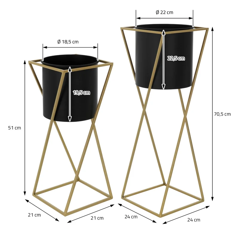2er Set Blumenständer mit Übertopf Schwarz/Gold aus Stahl ML-Design