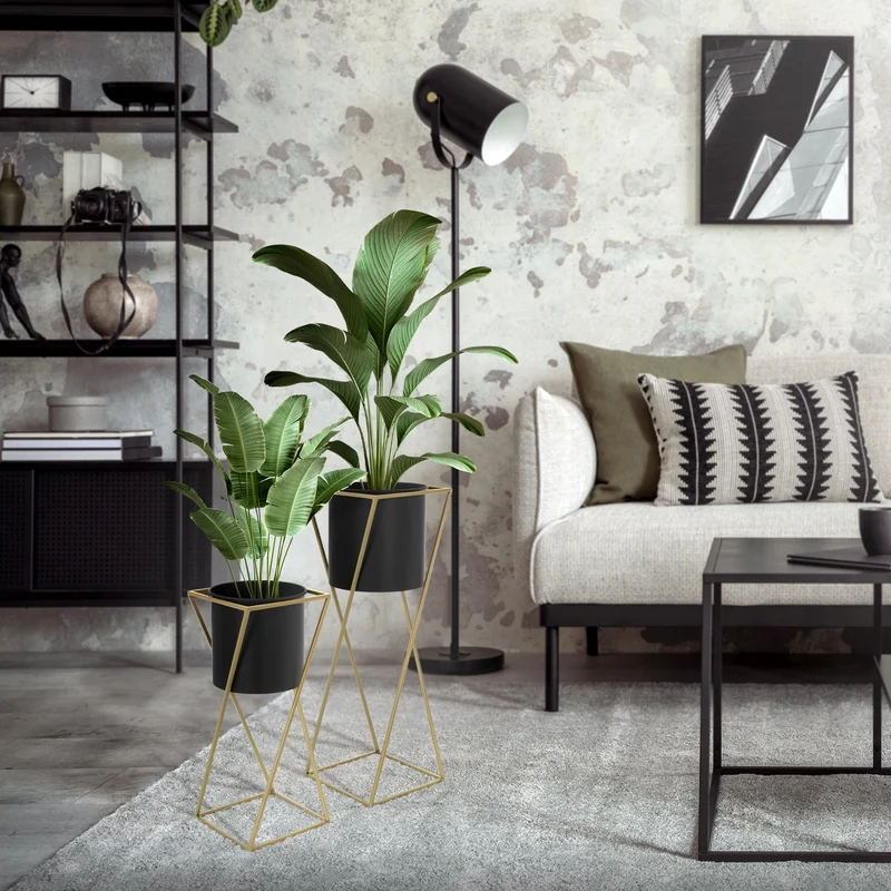 2er Set Blumenständer mit Übertopf Schwarz/Gold aus Stahl ML-Design