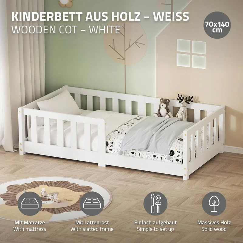 Kinderbett 70x140 cm mit Lattenrost Rausfallschutz und Matratze H-10 cm Weiß Kiefernholz ML-Design
