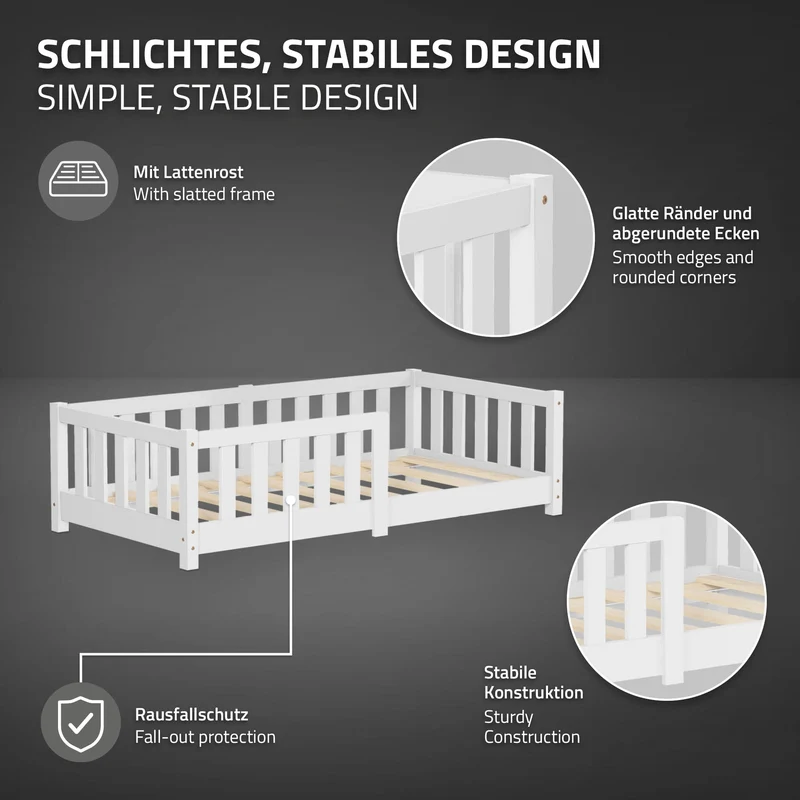 Kinderbett 70x140 cm mit Lattenrost Rausfallschutz und Matratze H-10 cm Weiß Kiefernholz ML-Design