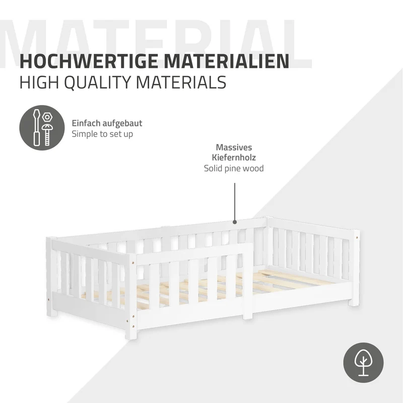 Kinderbett 70x140 cm mit Lattenrost Rausfallschutz und Matratze H-10 cm Weiß Kiefernholz ML-Design