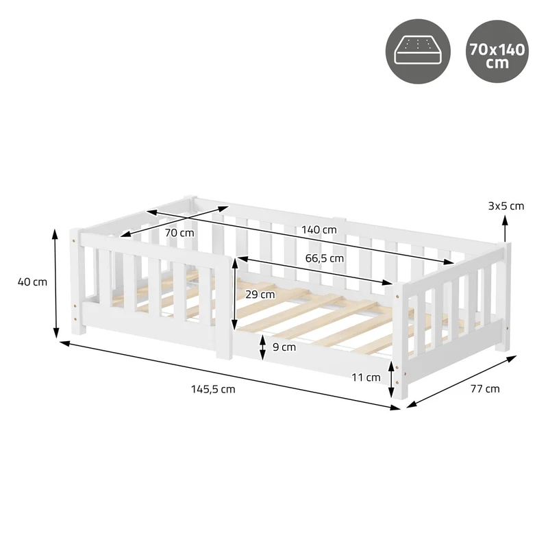 Kinderbett 70x140 cm mit Lattenrost Rausfallschutz und Matratze H-10 cm Weiß Kiefernholz ML-Design