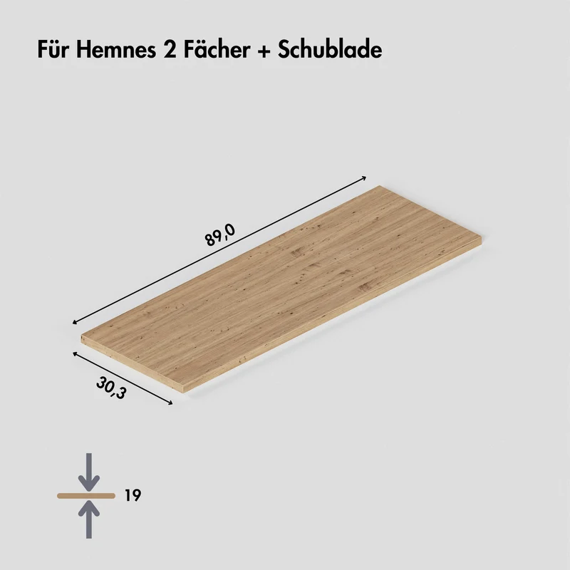 Holzplatte für IKEA Hemnes Schuhschrank 89,0 x 30,3cm, für Variante mit 2 Fächern und 1 Schublade, Eiche – Deckplatte für Schuhregal