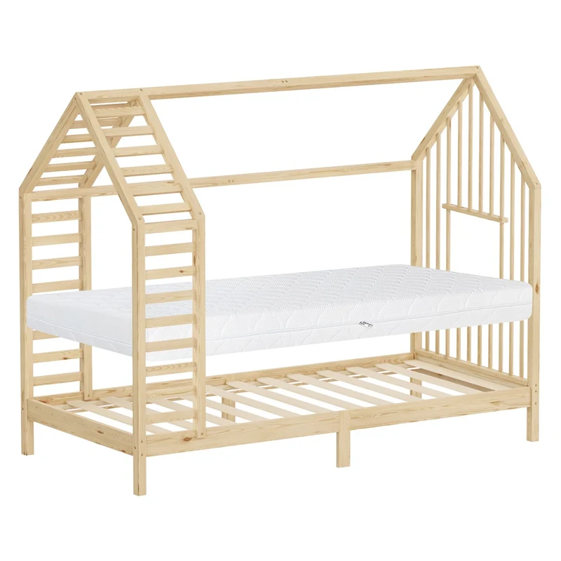 ML-DESIGN | Kinderbett mit Matratze und Lattenrost & Dach aus massivem Kiefernholz 90x200 cm Natur Hausbett Montessori Bettgestell für Mädchen Jungen