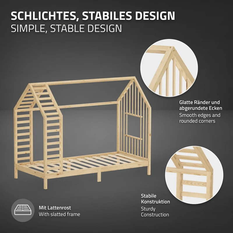 ML-DESIGN | Kinderbett mit Matratze und Lattenrost & Dach aus massivem Kiefernholz 90x200 cm Natur Hausbett Montessori Bettgestell für Mädchen Jungen