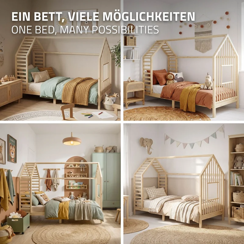 ML-DESIGN | Kinderbett mit Matratze und Lattenrost & Dach aus massivem Kiefernholz 90x200 cm Natur Hausbett Montessori Bettgestell für Mädchen Jungen
