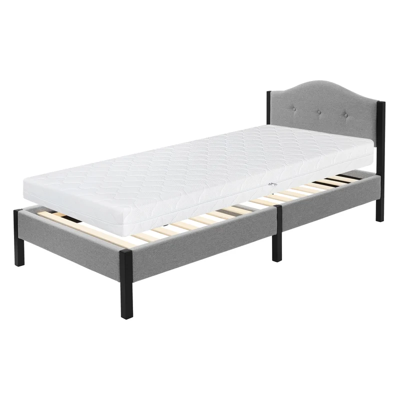 Polsterbett 90x200 cm mit Matratze H:16cm, Grau, Einzelbett mit stabilem Bettgestell, Bett mit gepolstertes Kopfteil & Lattenrost, Jugendbett ML-Design