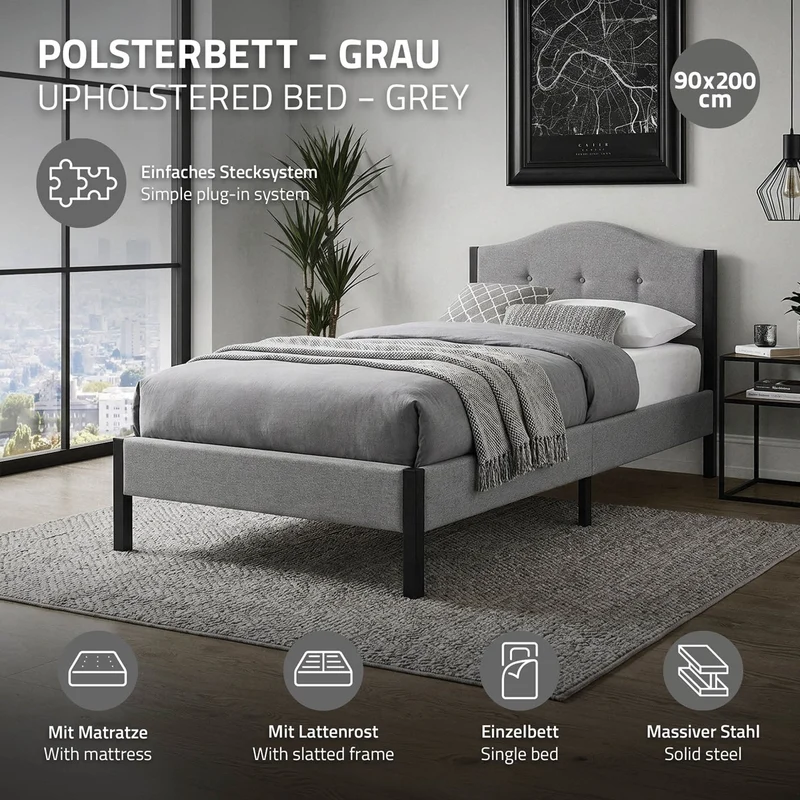 Polsterbett 90x200 cm mit Matratze H:16cm, Grau, Einzelbett mit stabilem Bettgestell, Bett mit gepolstertes Kopfteil & Lattenrost, Jugendbett ML-Design