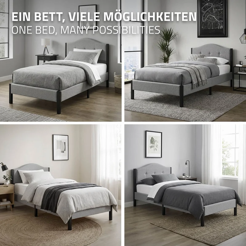 Polsterbett 90x200 cm mit Matratze H:16cm, Grau, Einzelbett mit stabilem Bettgestell, Bett mit gepolstertes Kopfteil & Lattenrost, Jugendbett ML-Design