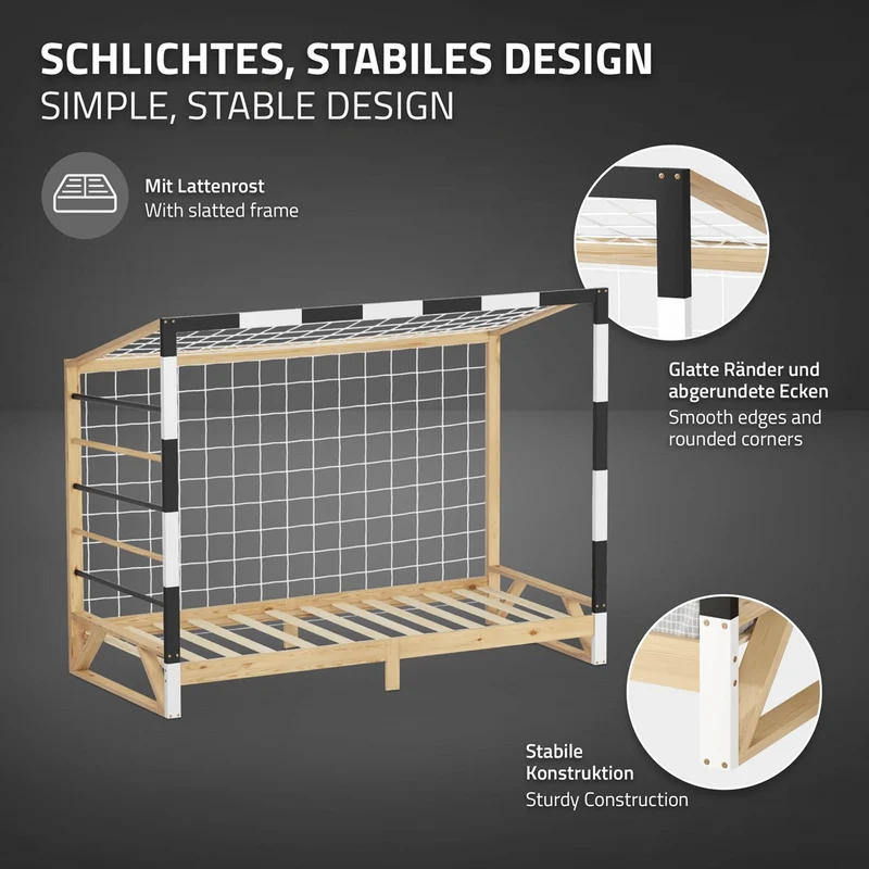 ML-Design | Kinderbett Fußballtor mit Matratze H:16cm, 90x200 cm aus massivem Kiefernholz Holzbett mit Lattenrost & Tornetz Handballtor